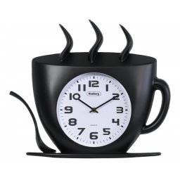 Ceas de perete in forma de ceasca Rosberg R59998H, 34,4 cm, Mecanism silentios, Negru