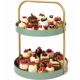 Fructiera etajata Pufo Luxury din metal cu 2 niveluri, pentru prajituri, mini torturi, fructe, aperitive, verde