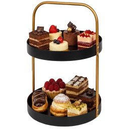 Fructiera etajata Pufo Luxury din metal cu 2 niveluri, pentru prajituri, mini torturi, fructe, aperitive, negru