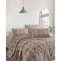 Set lenjerie de pat, bumbac 100%, 240x220 cm, cearsaf neelastic, lavabil 30°C, maro - Verificat A · Re-Bloom