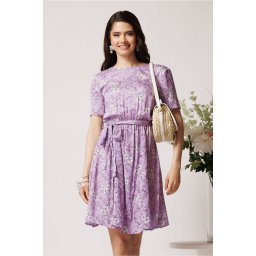 Rochie DY Fashion din viscoza lila cu imprimeu floral alb si cordon in talie