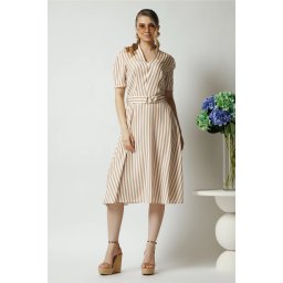 Rochie office din viscoza bej cu dungi si cordon in talie