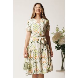 Rochie ivory cu print zig-zag verde in clos cu cordon in talie