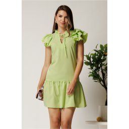 Rochie scurta verde lime din triplu voal cu croi cambrat si volan la baza