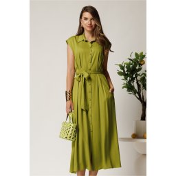 Rochie midi verde lime din viscoza cu nasturi si cordon