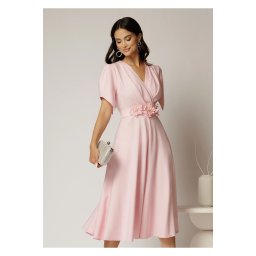 Rochie midi roz de ocazie cu pliuri pe bust si cordon detasabi cu flori