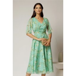 Rochie midi din voal verde menta cu imprimeu galben