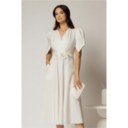 Rochie midi alba de ocazie cu pliuri pe bust si cordon detasabi cu flori