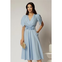 Rochie midi bleu de ocazie cu pliuri pe bust si cordon detasabi cu flori