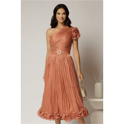Rochie midi roz coniac din voal peliculizat cu volanase pe fusta