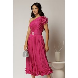 Rochie midi fucsia din voal peliculizat cu volanase pe fusta