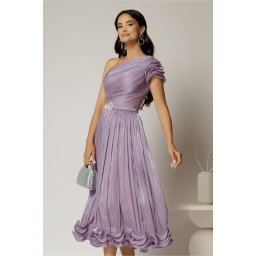 Rochie midi lila din voal peliculizat cu volanase pe fusta