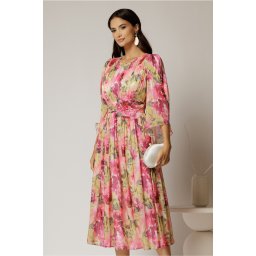 Rochie midi de ocazie cu imprimeuri fucsia din voal peliculizat cu perle pe talie