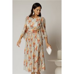 Rochie midi de ocazie cu imprimeuri caramizii din voal peliculizat cu perle pe talie
