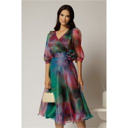 Rochie DY Fashion midi din organza cu imprimeuri verde fucsia