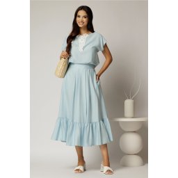Compleu bleu de vara din rayon din fusta si bluza cu aplicatie pe bust