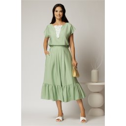 Compleu verde fistic de vara din rayon din fusta si bluza cu aplicatie pe bust
