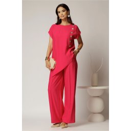 Compleu fucsia din viscoza din bluza asimetrica si pantalon lejer