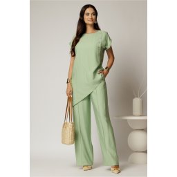 Compleu verde fistic din viscoza din bluza asimetrica si pantalon lejer