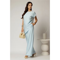 Compleu bleu din viscoza din bluza asimetrica si pantalon lejer