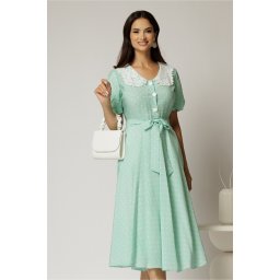 Rochie midi verde cu buline de zi si guler brodat