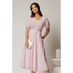Rochie midi roz cu buline de zi si guler brodat