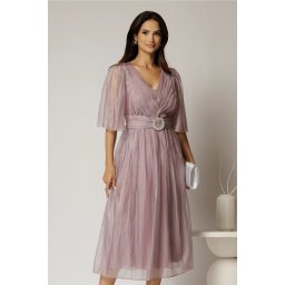 Rochie midi lila de ocazie din matase sintetica creponata