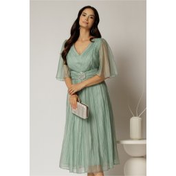 Rochie midi verde menta de ocazie din matase sintetica creponata