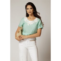 Bluza verde menta cu buline din rayon si broderie la decolteu