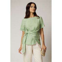 Bluza verde fistic din viscoza cu nod in talie si croi lejer si maneci scurte