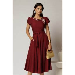 Rochie midi bordo din rayon cu lantisor cu esarfa la decolteu