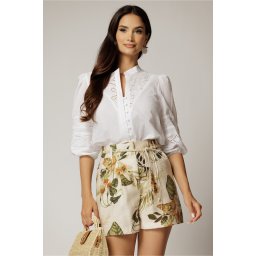 Bluza DY Fashion alba din bumbac cu manecile scurte bufante