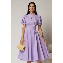 Rochie DY Fashion midi lila din poplin cu guler ascutit si maneci scurte bufante