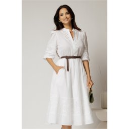 Rochie DY Fashion alba din bumbac cu insertii perforate si curea in talie