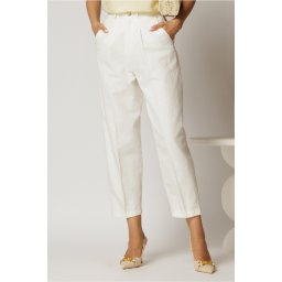 Pantaloni dama albi din bumbac cu croi tip balon