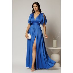 Rochie DY Fashion albastra lunga de seara cu decolteu adanc si funde ample