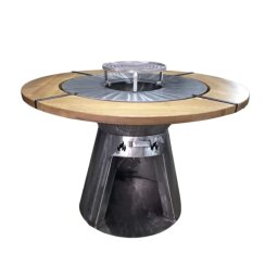 Grătar con cu plită rotundă din inox, 750 mm, înălțime 900 mm, blat de lemn frasin / EXT9063
