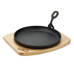 Platou rotund pentru servire, 22 cm, realizat din fontă pură, prevăzut cu mâner detașabil și suport din lemn HEINNER / DCN65353