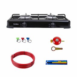 Pachet aragaz 2 ochiuri, 51×28 cm plus (ceas pentru butelie, 2 m furtun pentru gaz, 3 coliere pentru furtun, aprinzator) negru / ZLN 7128_1