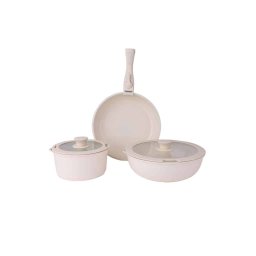 Set 5 piese din ceranica, compus din 2 oale, 1 tigaie si 2 capace de sticla, crem, ZILAN / ZLN 0965