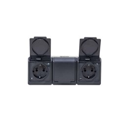Priza tripla cu capac negru HERMES, 16A/250, IP44 / ELPL-0326-07