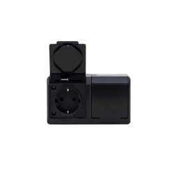 Priza dubla neagra cu capac HERMES, 16A/250, IP44 / ELPL-0325-09