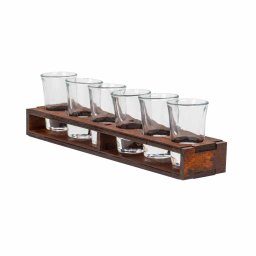 Set 6 pahare de shot cu suport din lemn dreptunghiular, 50ml / EXT 9932