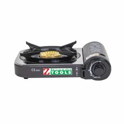 Aragaz camping, din inox, putere 2.3Kw aprindere electrica, cu tava, cleste, cutit si cutie rosie de transportat / ZTS 5617