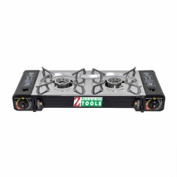 Aragaz camping cu 2 ochiuri, aprindere electrica, putere 2x2.5kw, din inox cu tava gril si cutie de transportat / ZTS 5619