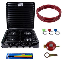 Pachet Aragaz 4 ochiuri, 55X50cm, Ceas pentru butelie, 2m furtun pentru gaz, 3 x coliere pentru furtun, aprinzator, negru / ZLN 7079B_N