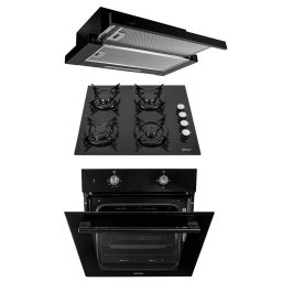 Pachet Cuptor incorporabil (1857), capacitate 51L, electric, plita incorporabila (0058), gaz butelie sau gaz natural (duze de schimb incluse), 59×51 cm, aprindere electrica, sticla, hota incorporabila telescopica 2 motoare 3680, 2 x 95w / SET 30123
