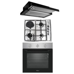 Pachet cuptor incorporabil (0065), 56 x 60 x 56 cm, electric, inox, plita incorporabila (1918), 60x50x6 cm, Gaz butelie sau gaz natural(duze de schimb incluse), hota incorporabila telescopica 2 motoare 3680, 2 x 95w / SET 30121