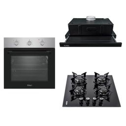 Pachet cuptor incorporabil (0065), 56 x 60 x 56 cm, electric, inox, plita incorporabila sticla (1871), 65x60x15 cm , gaz butelie sau gaz natural (duze de schimb incluse), hota 1 motor, putere 140W (1895), 60X50 cm / SET 30119