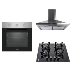 Pachet cuptor incorporabil (0065), 56 x 60 x 56 cm, electric, inox, plita incorporabila sticla (1871), 65x60x15 cm, gaz butelie sau gaz natural (duze de schimb incluse), hota incorporabila decorativa inox, 63 cm (1925) / SET 30118